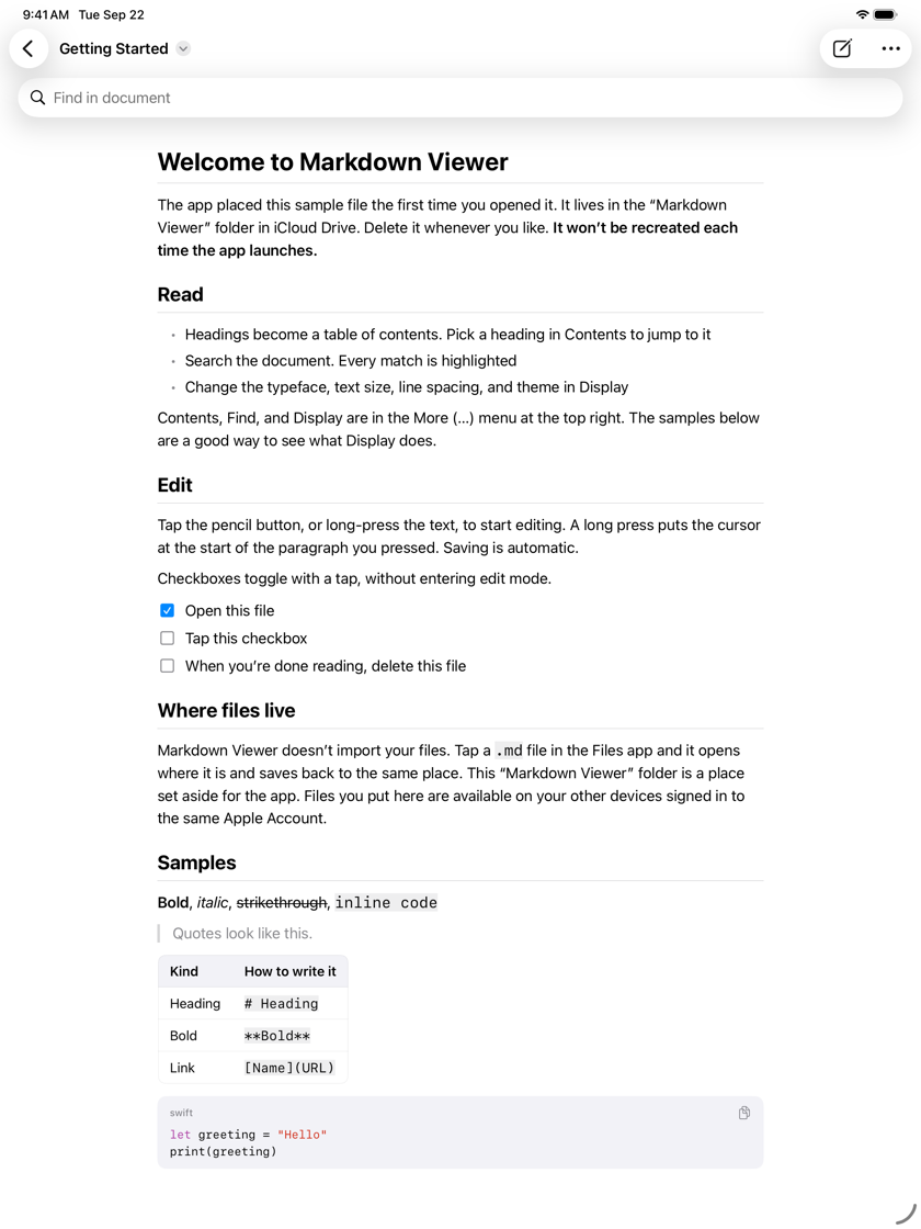 The sample document on iPad, set at a comfortable line length