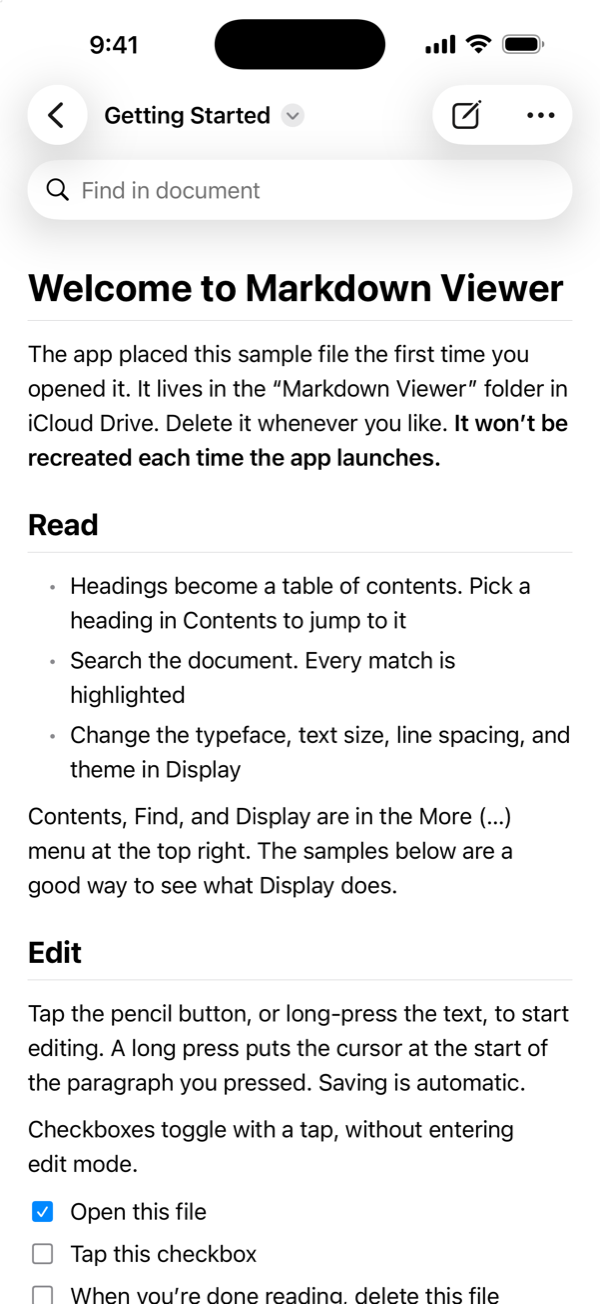 The sample document “Getting Started” open in the app, with headings, a bulleted list, and checkboxes