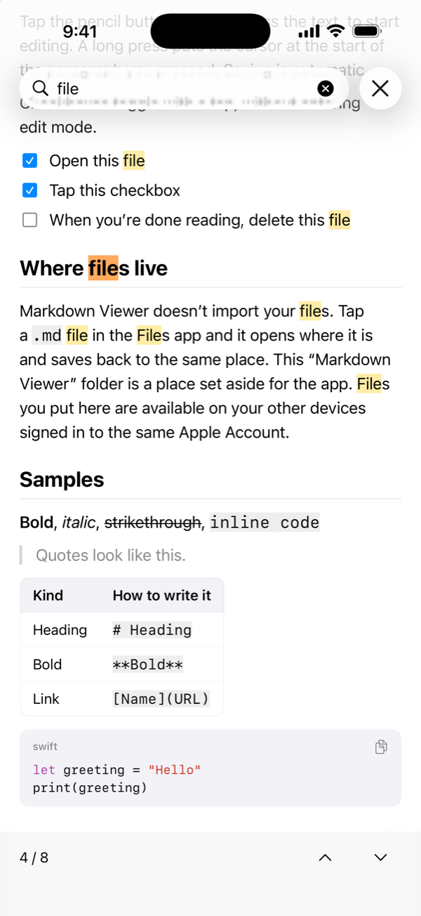 Find in document: every match for “file” is highlighted, with the fourth of eight selected