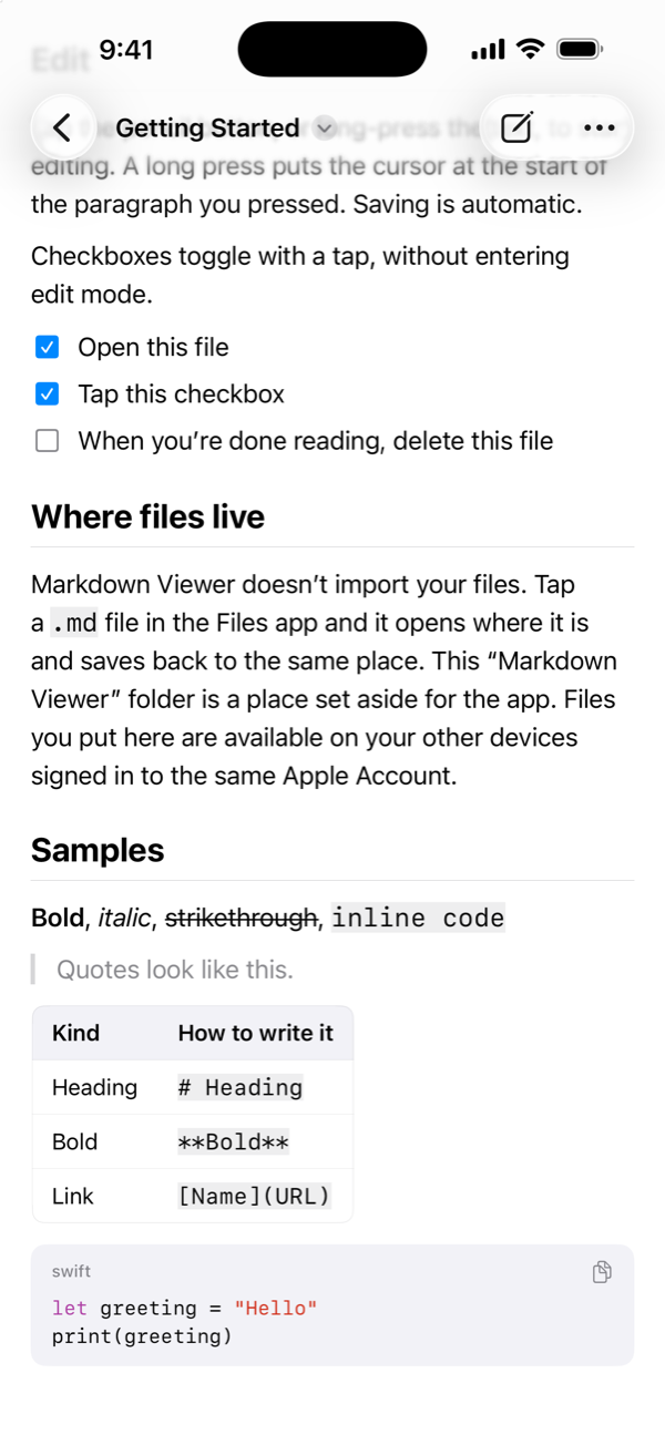 Two checkboxes ticked, with a table, a quote, and a Swift code block below