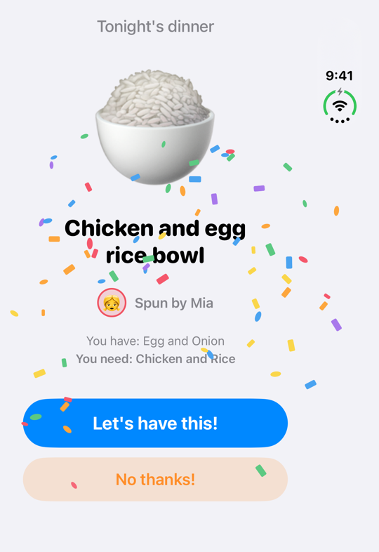 iPhone Duo result screen: tonight's dinner shown large