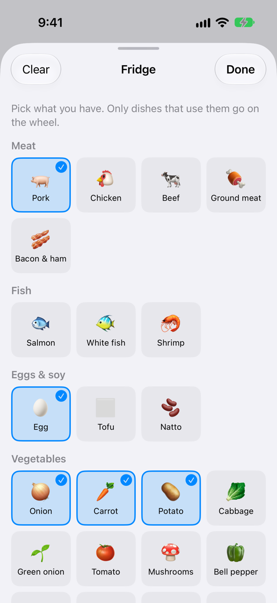 The Fridge screen with pork, egg, onion, carrot and potato selected