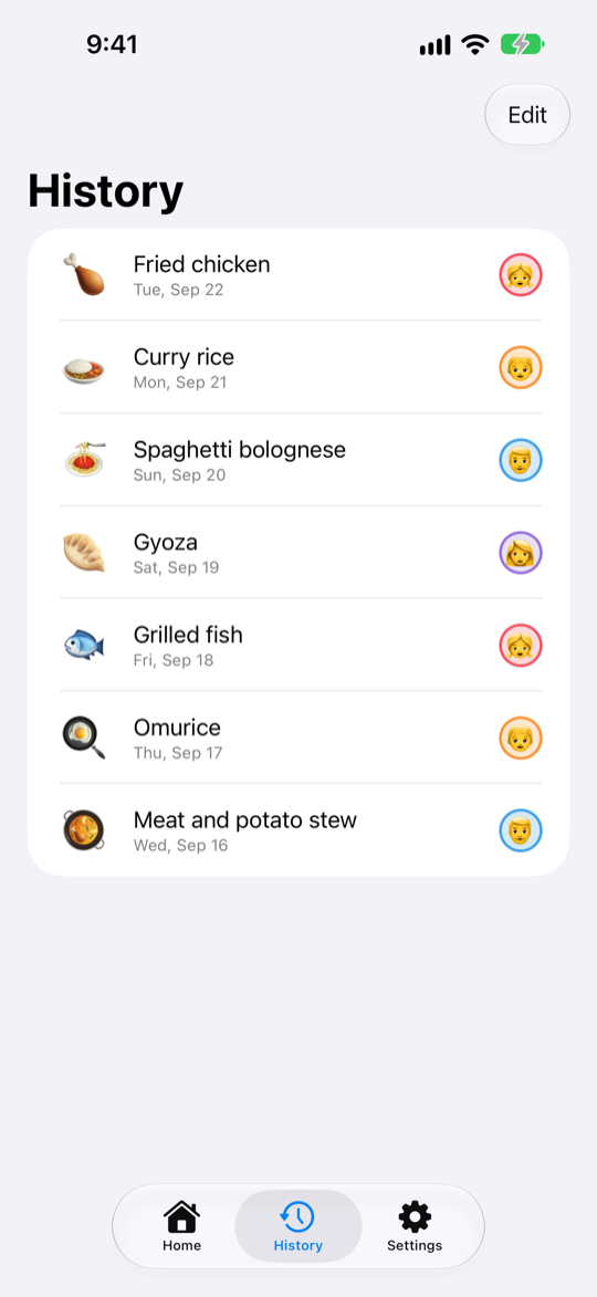 The History screen: each day's dinner and who spun