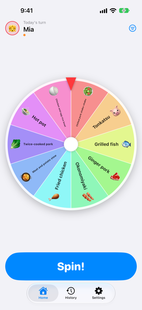 The home screen: a wheel of the family's dishes and the Spin! button
