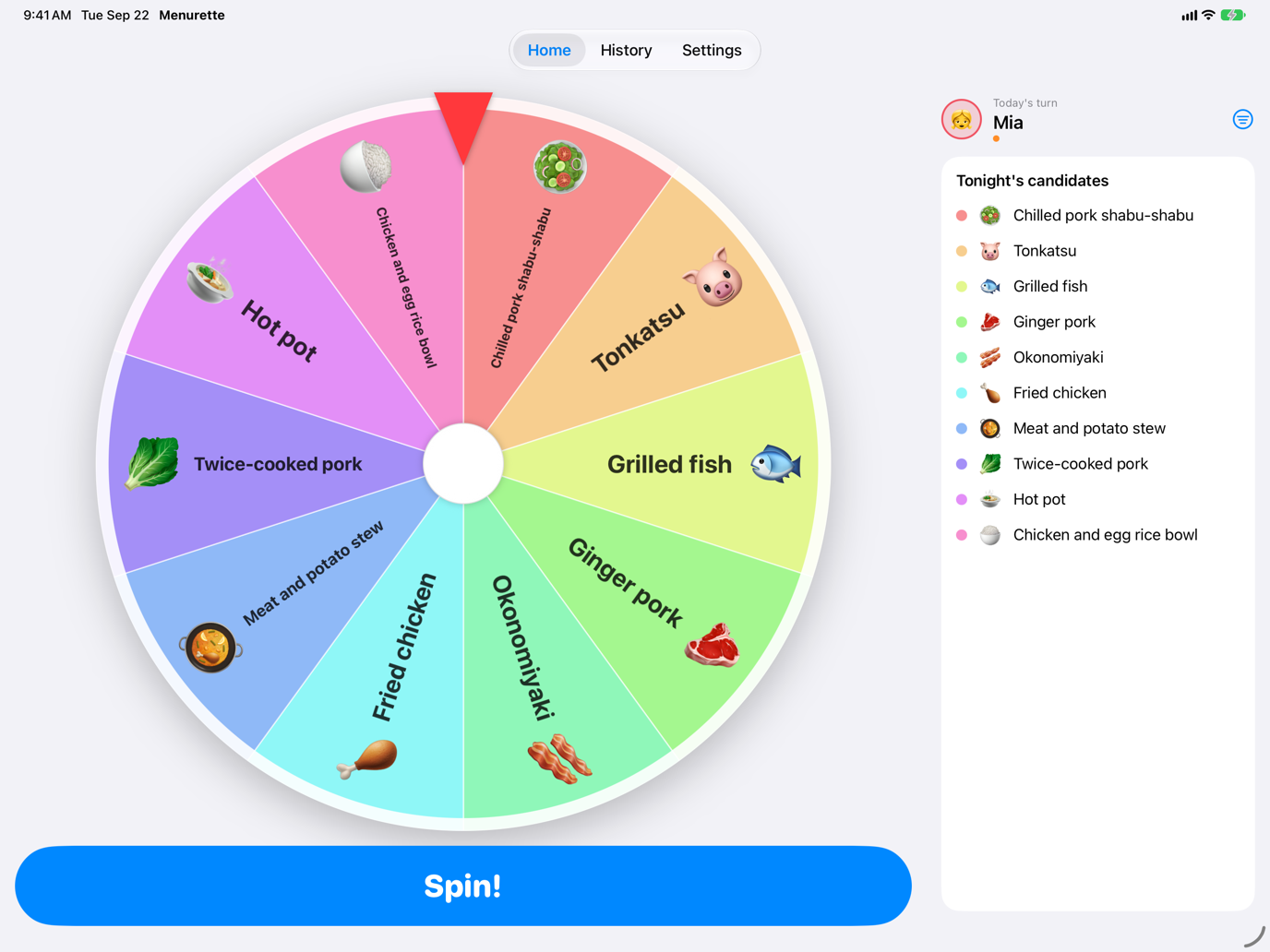 The iPad in landscape: the wheel on the left, tonight's candidates on the right