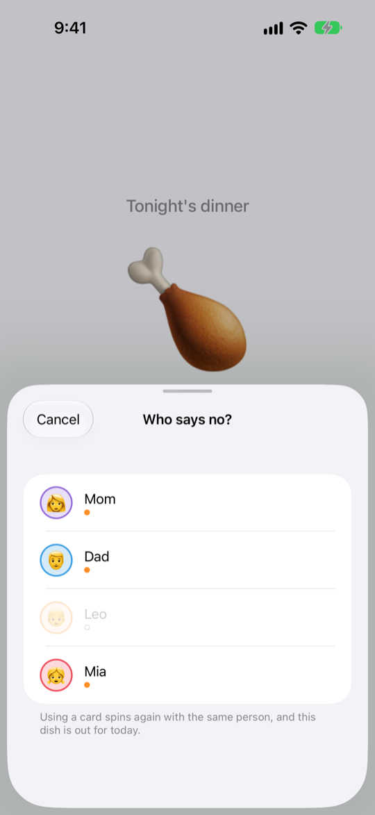 The Who says no? screen, showing each family member's cards left