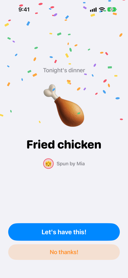 The result screen: tonight's dinner under a burst of confetti