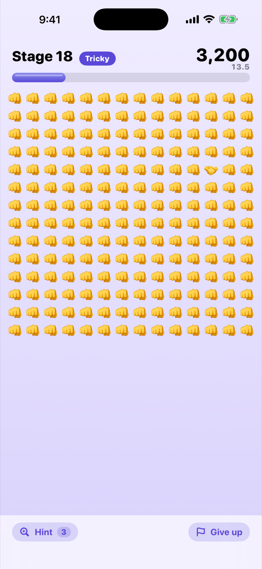 Stage 18, Tricky: a wall of 200 fist emoji with a single handshake hidden among them