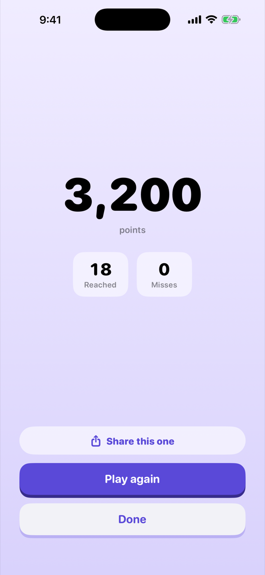 Results screen with a personal best badge, the score, the stage reached, and the number of misses