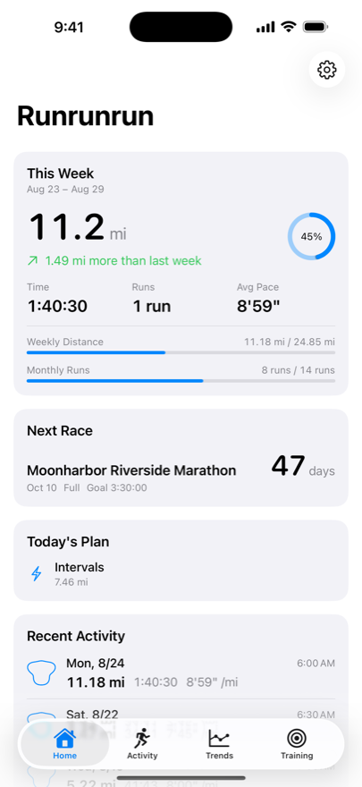 The home screen with this week's progress and the next race