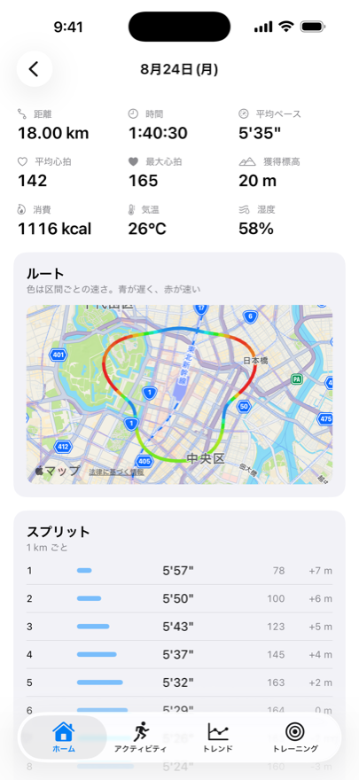 ペースで色分けしたルートマップを表示した画面